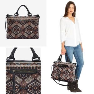 (JWP3) Johnny Was Molly Tote Overnight LARGE Black Denim Weekender Flowe…